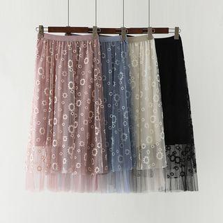 Floral Midi A-line Mesh Skirt