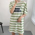 Elbow-sleeve Striped Lettering Print Mini T-shirt Dress