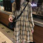 Check Long-sleeve Loose-fit Dress As Figure - One Size