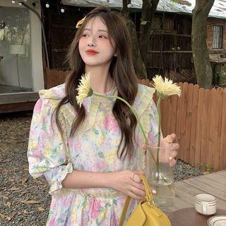 Puff-sleeve Floral Midi Smock Dress Floral - Pink & Yellow - One Size