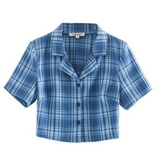 Short-sleeve Plaid Crop Shirt / Buckled Mini A-line Skirt