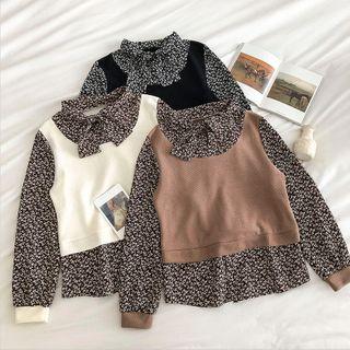 Mock Two-piece Crewneck Floral Long0-sleeve Blouse