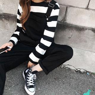 Crew-neck Stripe T-shirt Black - One Size