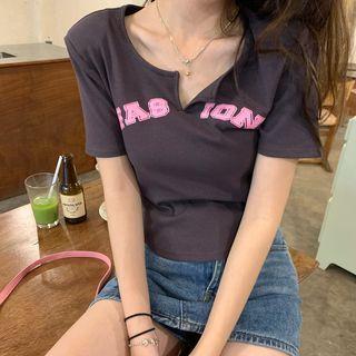 Short-sleeve Lettering T-shirt Grayish Purple - One Size