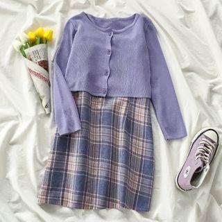 Cardigan / Spaghetti Strap Plaid Mini Sheath Dress