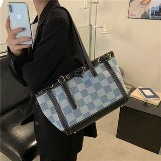 Checkered Panel Denim Tote Bag Blue - One Size