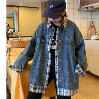 Mock Two-piece Plaid Denim Jacket