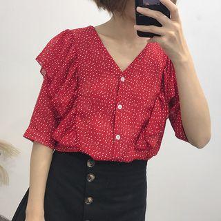 V-neck Dotted Elbow-sleeve Blouse