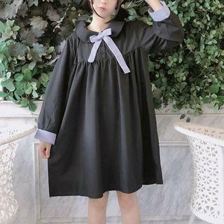 Tie Neck Long-sleeve Shift Dress Black - One Size