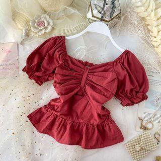 Puff Sleeve Keyhole Ruffled Blouse