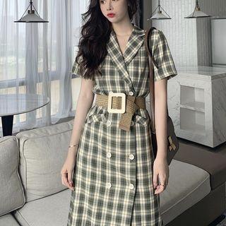 Short-sleeve Double-breast Plaid Coat Dress