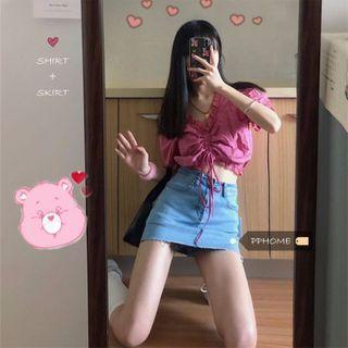 Puff-sleeve Eyelet Lace Crop Top / Denim A-line Mini Skirt