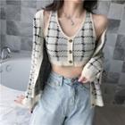 Sleeveless Plaid Buttoned Cropped Top / Cardigan