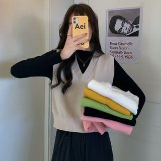 Mock-neck Plain Long-sleeve Top / V-neck Plain Knit Cropped Vest