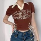 Short Sleeve V-neck Lettering Lace-up Crop Top