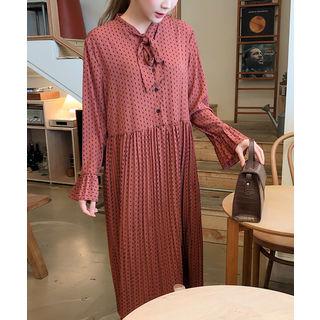 Tie-neck Pleated Patterned Dress Light Pink - One Size