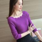 Scalloped Neckline Ribbed Sweater
