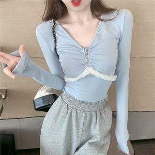 Long-sleeve V-neck T-shirt Grayish Blue - One Size