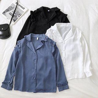 Single-breasted Plain Ruffled-trim Long-sleeve Blouse