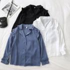 Single-breasted Plain Ruffled-trim Long-sleeve Blouse