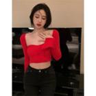 Square-neck Ribbed Crop Knit Top Red - One Size