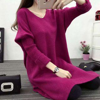 Long-sleeve V-neck Split Hem Knit Dress