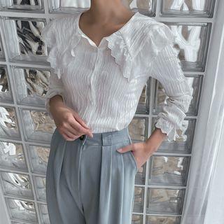 Wide-collar Lace-trim Blouse White - One Size