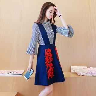 Set: 3/4-sleeve Embroidered Shirt + Jumper A-line Skirt