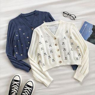 Embroidered V-neck Single-breasted Long-sleeve Cardigan