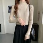 Long-sleeve High-neck Lace Trim Knit Top