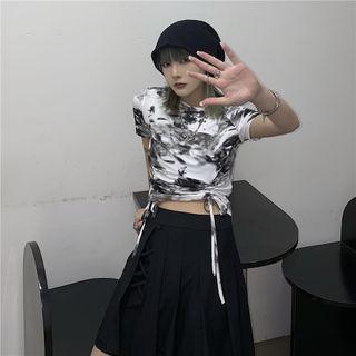 Short-sleeve Tie-dye Drawstring Cropped T-shirt White - One Size