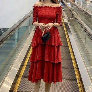 Off-shoulder Elbow-sleeve Layered Midi A-line Dress