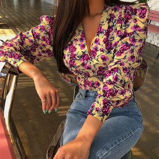 V-neck Floral Print Tie-waist Top