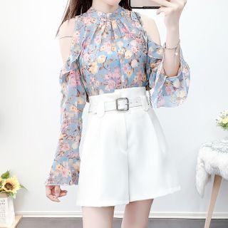 Set: Long-sleeve Cold Shoulder Floral Chiffon Blouse + Wide-leg Shorts