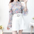Set: Long-sleeve Cold Shoulder Floral Chiffon Blouse + Wide-leg Shorts