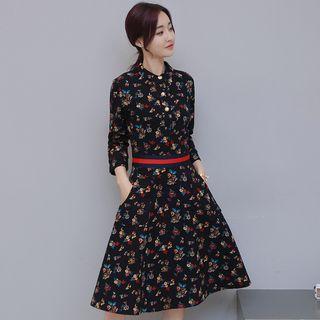 Stand Collar Print A-line Dress