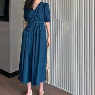 Puff-sleeve A-line Wrap Midi Dress