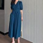 Puff-sleeve A-line Wrap Midi Dress