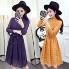 Long-sleeve Lace Tie-waist Dress