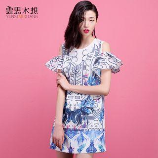 Printed Ruffle Trim Shift Dress
