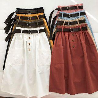 Plain High-waist Single-breasted Cargo Skirt With Belt