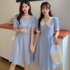 Short-sleeve Square Neck Plaid A-line Dress / Contrast-collar A-line Dress