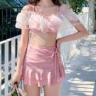 Set: Cold-shoulder Ruffle Tankini Top + Drawstring Swim Skirt