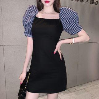 Plaid Puff-sleeve Panel Mini Sheath Dress