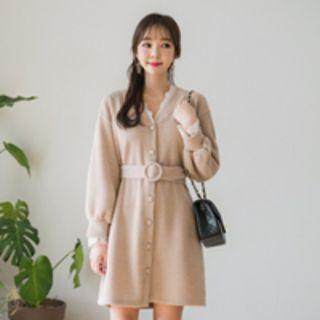 Lace-trim Button-front Knit Dress With Belt