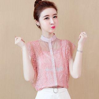 Cap-sleeve Lace Striped Paneled Shirt