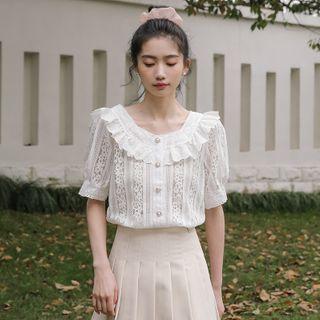 Elbow-sleeve Ruffled Lace Blouse