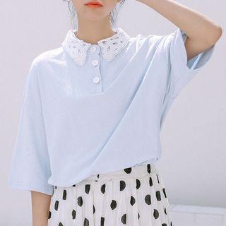 3/4-sleeve Lace-collar Polo Shirt