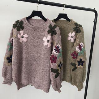Flower Embroidered Beaded Sweater