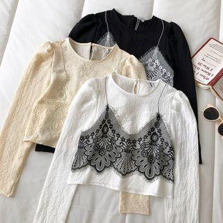 Long-sleeve Round Neck Lace Blouse